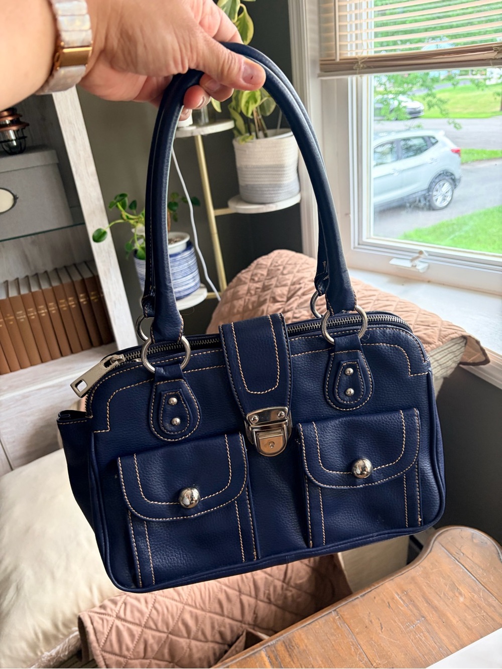 Classic Navy Satchel Handbag with Front Pockets